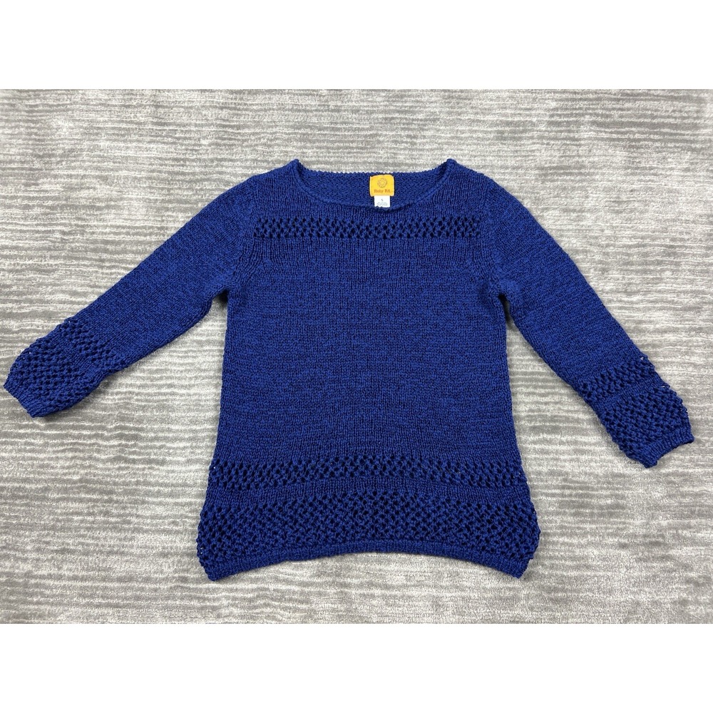 Ruby Rd Sweater Womens Small Blue Pullover Boat Neck Pointelle Knit 3/4 Sleeve